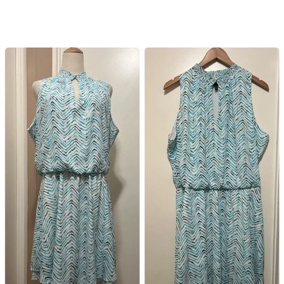 White House Black Market Wm Dress Printed Smock Sleeveless Blue High Neck L. - Picture 6 of 10